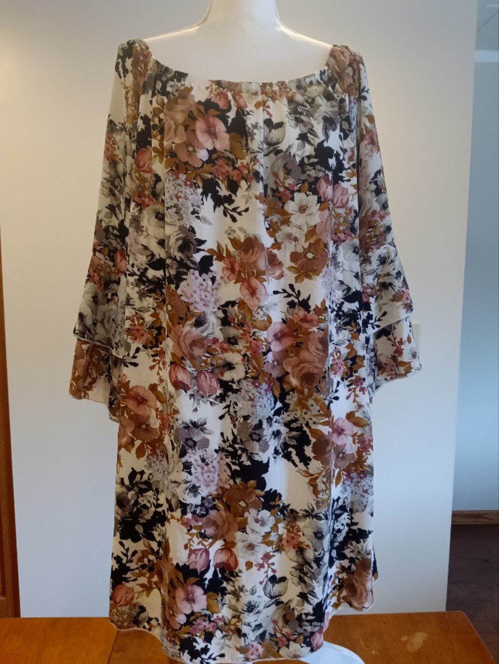Vibe Sportswear Neutral Floral Mini Dress with bell sleeves 1x